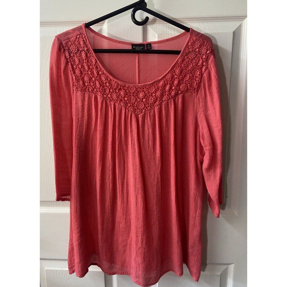 La vanya women boho chiffon Top Watermelon Pink Long Sleeve Lace Trim Loose fit